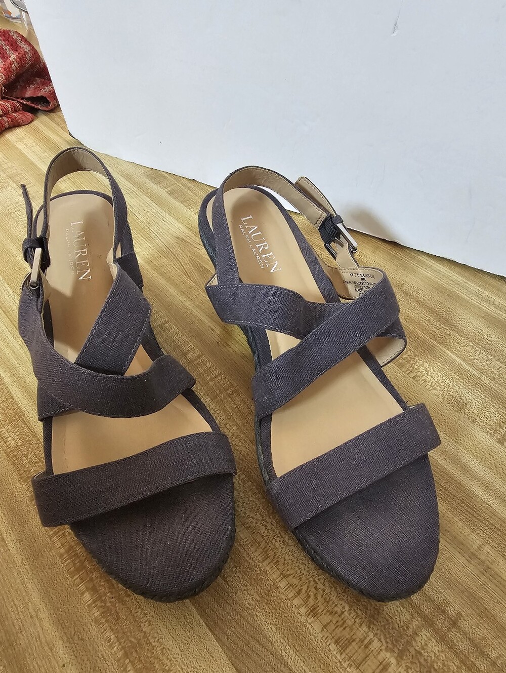 Lauren Ralph Lauren Katerina Espadrille Wedge Sandals Linen Charcoal Black Sz 9B
